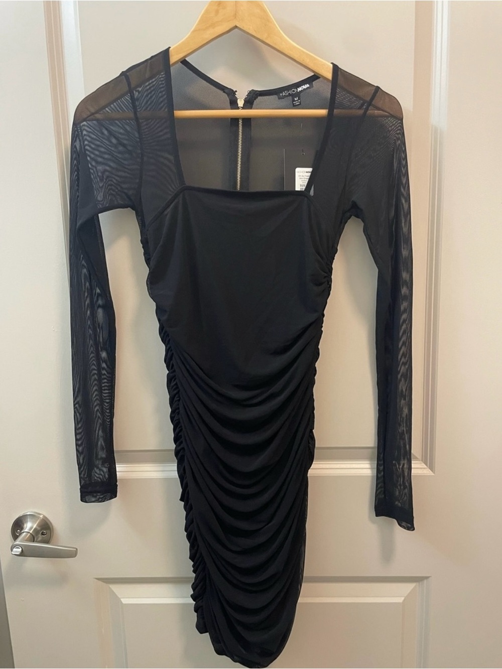 FashionNova Black Ruched Long Sleeve Mesh Bodycon Dress